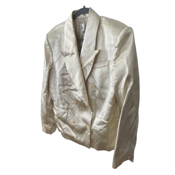 Helsa Heavy Satin Double Breasted Blazer Jacket Career Shoulder Pads Bone M - Picture 4 of 11